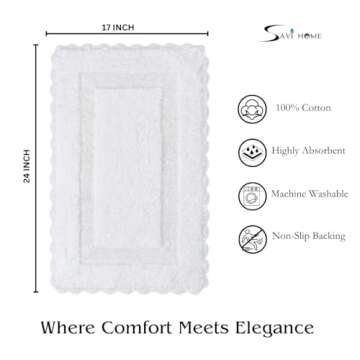 Cotton Crochet Bathmat with Antiskid 17x24 White, 100% Pure Cotton, Super Soft White, Plush & Absorbent, Hand Tufted Heavy Weight Construction, Full Reversible Step Out Rugs