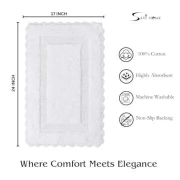 Cotton Crochet Bathmat with Antiskid 17x24 White, 100% Pure Cotton, Super Soft White, Plush & Absorbent, Hand Tufted Heavy Weight Construction, Full Reversible Step Out Rugs