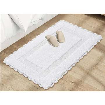 Cotton Crochet Bathmat with Antiskid 17x24 White, 100% Pure Cotton, Super Soft White, Plush & Absorbent, Hand Tufted Heavy Weight Construction, Full Reversible Step Out Rugs