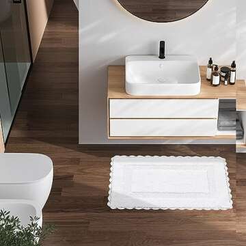 Cotton Crochet Bathmat with Antiskid 17x24 White, 100% Pure Cotton, Super Soft White, Plush & Absorbent, Hand Tufted Heavy Weight Construction, Full Reversible Step Out Rugs