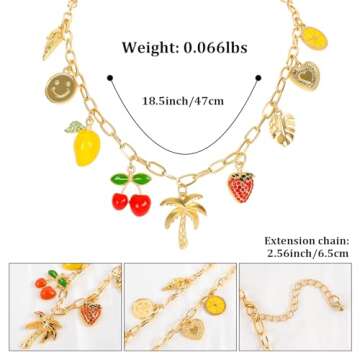 Gold Charm Necklace for Women Hawaii Style Chain Necklace with Cute Dangle Coconut Tree Cherry Lemon...