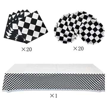 Black and White Checkered Racecar Themed Birthday Party Tableware, 20 Plates and 20 Napkins and Tablecloth71 '' x 42 '' Children's Racecar Theme Birthday Party Decorate Supplies for Boys Girls