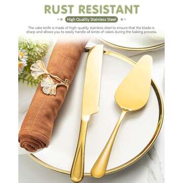 FTAKRY 2-Piece Premium Cake Cutting Set, Exquisite Knife and Server with Serrated Design, Includes Cake Knife and Pie Spatula for Pastry, Pizza and Desserts (Gold)