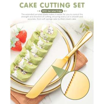 FTAKRY 2-Piece Premium Cake Cutting Set, Exquisite Knife and Server with Serrated Design, Includes Cake Knife and Pie Spatula for Pastry, Pizza and Desserts (Gold)