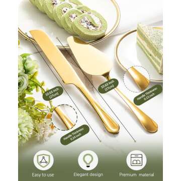 FTAKRY 2-Piece Premium Cake Cutting Set, Exquisite Knife and Server with Serrated Design, Includes Cake Knife and Pie Spatula for Pastry, Pizza and Desserts (Gold)