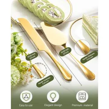 FTAKRY 2-Piece Premium Cake Cutting Set, Exquisite Knife and Server with Serrated Design, Includes Cake Knife and Pie Spatula for Pastry, Pizza and Desserts (Gold)