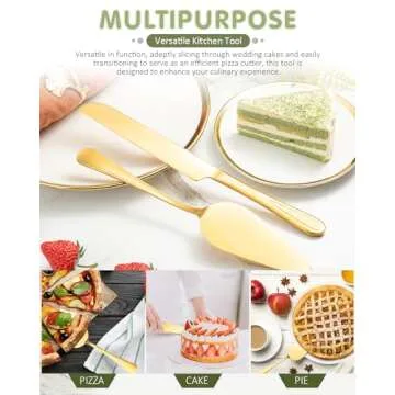 FTAKRY 2-Piece Premium Cake Cutting Set, Exquisite Knife and Server with Serrated Design, Includes Cake Knife and Pie Spatula for Pastry, Pizza and Desserts (Gold)