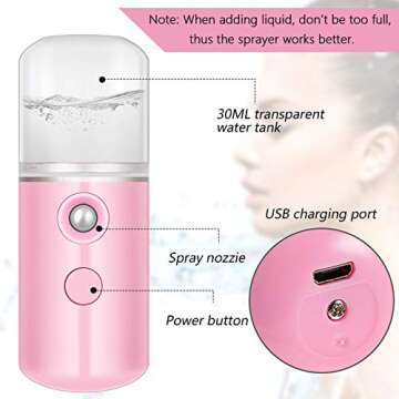 Mudder 4 Pcs Nano Facial Mister Handy Nano Mist Sprayer 30ml Visual Water Tank Portable Face Steamer Mini USB Mister for Lash Extensions, Skin Care, Makeup(White, Light Pink, Blue, Pink)