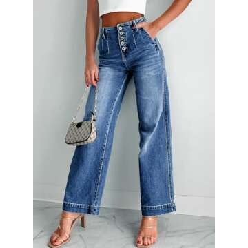 Sidefeel Women's High Waisted Jeans Button Fly Stretchy Straight Wide Leg Denim Pants Dark Blue Size 12