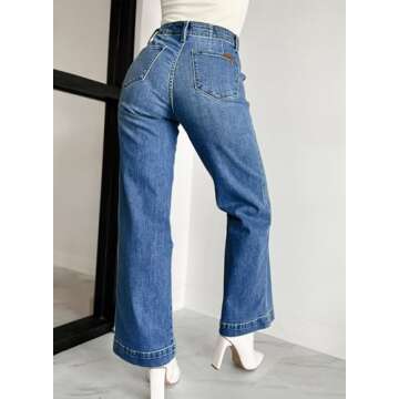 Sidefeel Women's High Waisted Jeans Button Fly Stretchy Straight Wide Leg Denim Pants Dark Blue Size 12