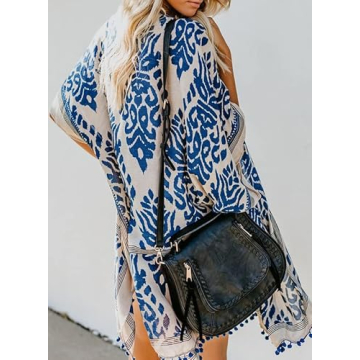 Dokotoo Womens Fashion Print Open Front Long Kimonos Pop Pop Trim Tassel Split Cardigans Holiday Beach Swimsuit Coverup Swim Bikini Loose Cover up Swimwear Blue