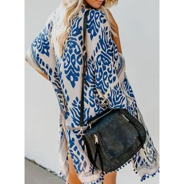 Dokotoo Womens Fashion Print Open Front Long Kimonos Pop Pop Trim Tassel Split Cardigans Holiday Beach Swimsuit Coverup Swim Bikini Loose Cover up Swimwear Blue