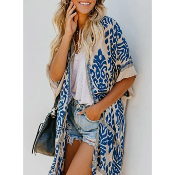 Dokotoo Womens Fashion Print Open Front Long Kimonos Pop Pop Trim Tassel Split Cardigans Holiday Beach Swimsuit Coverup Swim Bikini Loose Cover up Swimwear Blue