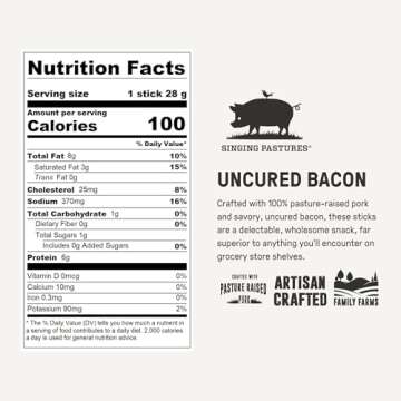 100% Pasture Raised and Naturally Fermented Pork Snack Meat Sticks with Bacon by Singing Pastures, 1...