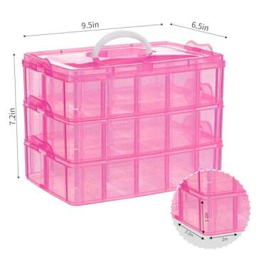 SGHUO 3-Tier Pink Craft Storage Container, Stackable Organizer Box with Dividers for Art Supplies, B...