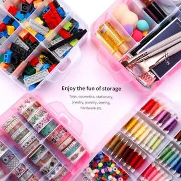 SGHUO 3-Tier Pink Craft Storage Container, Stackable Organizer Box with Dividers for Art Supplies, Beads, Washi Tapes, Seed, Hair Accessories, Nail, 9.5X6.5X7.2in
