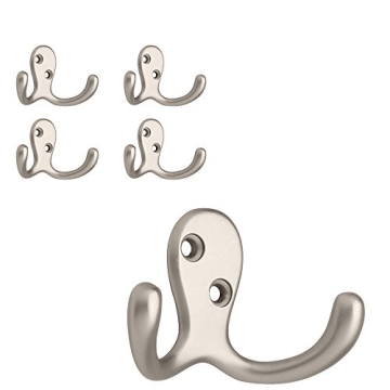 Franklin Brass (5-Pack) Double Wall Hooks 2-Prong Coat/Hat Matte Nickel Hooks for Hanging Wall Mount...