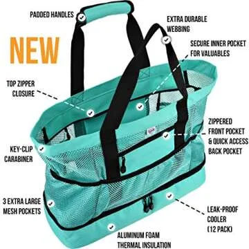 Tingueli Beach Tote Bag For Women with Soft Cooler and Top Zipper — Extra Large Beach Bag, Mesh Tote Bag or Pool Bag [Aquamarine]