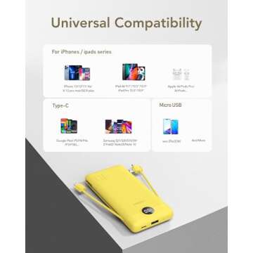 VEGER Portable Charger for iPhone with Built in Cables and Wall Plug, 10000mah Slim Fast Charging USB C Power Bank, Travel Essential Battery Pack Compatible with iPhone, iPad, Samsung etc(Yellow)