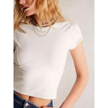 Women's Tanks & Camis Women Slim Fitted Basic Tee Mock Neck Short Sleeve Fitted Tight Summer Top Baby Tees for Women 2024 Trendy White Large