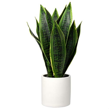 Briful Fake Snake Plant 16" Faux Potted Plant Artificial Snake Plant with White Ceramic Pot Sansevie...