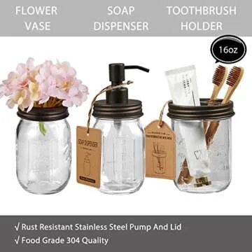 SheeChung 8PCS Bathroom Accessories Set Complete - Soap Dispenser, Mason Jar Toothbrush Holder, 2pcs Qtip Holders, Flower Vase, Soap Holder, Vanity Tray, Toilet Paper Storage, Glass Gift Set - Bronze