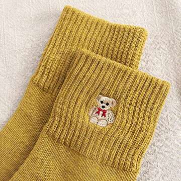 Xhonp 5 Pairs Women Socks Cute Cartoon Animal Ankle Embroidery Bear Casual for Women Socks (Colour A)