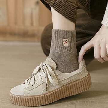 Xhonp 5 Pairs Women Socks Cute Cartoon Animal Ankle Embroidery Bear Casual for Women Socks (Colour A)