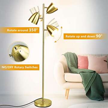DINGLILIGHTING DLLT Modern Floor Lamp, 3-Light Reading Standing Tree Lamp with Adjustable Metal Heads, Brass Tall LED Lighting for Living Room, Bedroom, Study Room, Office, E26 Base (Bulbs Include)