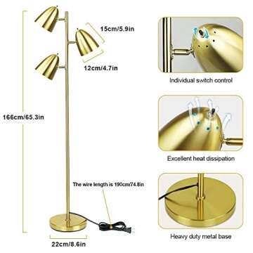 DINGLILIGHTING DLLT Modern Floor Lamp, 3-Light Reading Standing Tree Lamp with Adjustable Metal Heads, Brass Tall LED Lighting for Living Room, Bedroom, Study Room, Office, E26 Base (Bulbs Include)