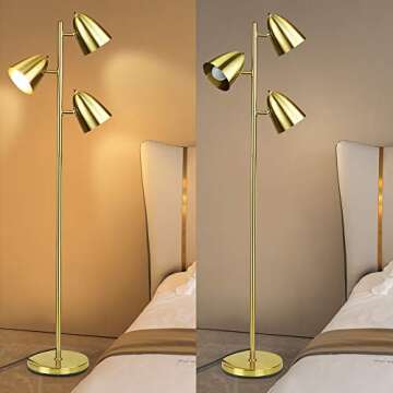 DINGLILIGHTING DLLT Modern Floor Lamp, 3-Light Reading Standing Tree Lamp with Adjustable Metal Heads, Brass Tall LED Lighting for Living Room, Bedroom, Study Room, Office, E26 Base (Bulbs Include)