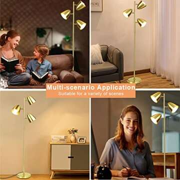 DINGLILIGHTING DLLT Modern Floor Lamp, 3-Light Reading Standing Tree Lamp with Adjustable Metal Heads, Brass Tall LED Lighting for Living Room, Bedroom, Study Room, Office, E26 Base (Bulbs Include)