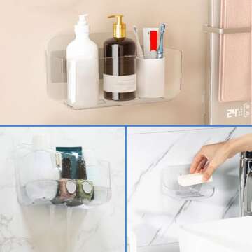 Diesisa 3pc Acrylic Wall Mount Organizer, Adhesive Clear Shower Caddies,Acrylic Soap Basket for wall,No Drilling Hang Walls,with Self Adhesive Tape, for Bathroom, Kitchen, Living Room