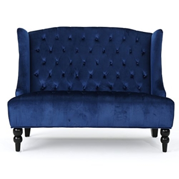 Christopher Knight Home Leora Traditional Tufted Velvet Wingback Loveseat - Navy Blue / Dark Brown