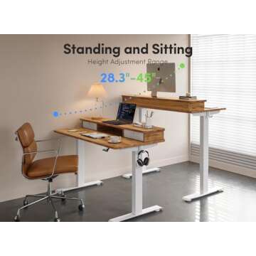FEZIBO 55 x 24 Inch Height Adjustable Electric Standing Desk with Double Drawer, Stand Up Desk with Storage Shelf, Sit Stand Desk, Light Rustic