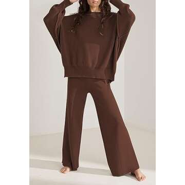 Linsery Sweater Pants and Sweater 2 Piece Knit Sets for Women Knitted Top with High Waist Wide Leg Matching Sweatsuit Knitted Airport Outfits Chestnut S