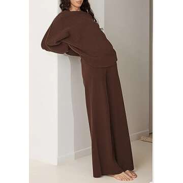 Linsery Sweater Pants and Sweater 2 Piece Knit Sets for Women Knitted Top with High Waist Wide Leg Matching Sweatsuit Knitted Airport Outfits Chestnut S