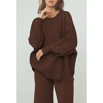 Linsery Sweater Pants and Sweater 2 Piece Knit Sets for Women Knitted Top with High Waist Wide Leg Matching Sweatsuit Knitted Airport Outfits Chestnut S
