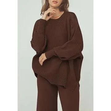 Linsery Sweater Pants and Sweater 2 Piece Knit Sets for Women Knitted Top with High Waist Wide Leg Matching Sweatsuit Knitted Airport Outfits Chestnut S