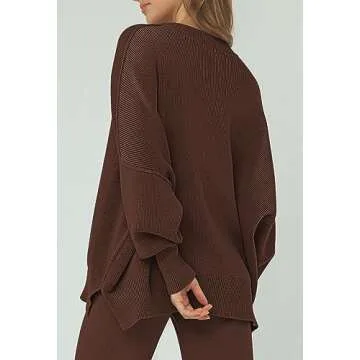 Linsery Sweater Pants and Sweater 2 Piece Knit Sets for Women Knitted Top with High Waist Wide Leg Matching Sweatsuit Knitted Airport Outfits Chestnut S