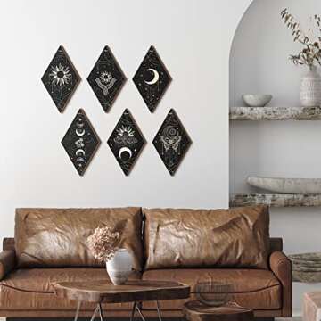 6 Pcs Moon Phase Wall Decor Black Gold Sun Phases Witchy Butterfly Wall Art 11.8 x 6.7 Inch Rustic B...