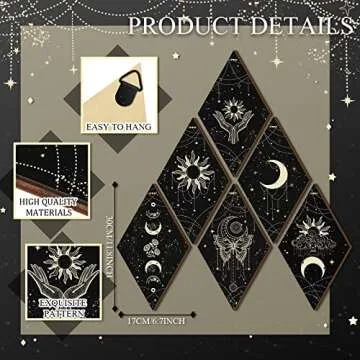 6 Pcs Moon Phase Wall Decor Black Gold Sun Phases Witchy Butterfly Wall Art 11.8 x 6.7 Inch Rustic Boho Hanging Wood Sign for Room Christmas Gift