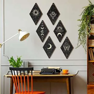 6 Pcs Moon Phase Wall Decor Black Gold Sun Phases Witchy Butterfly Wall Art 11.8 x 6.7 Inch Rustic Boho Hanging Wood Sign for Room Christmas Gift