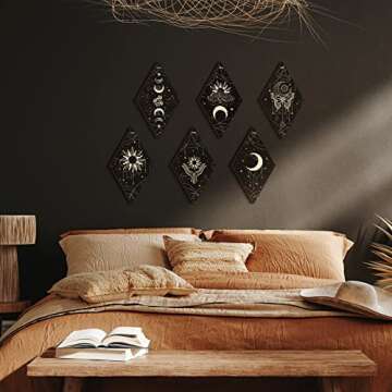 6 Pcs Moon Phase Wall Decor Black Gold Sun Phases Witchy Butterfly Wall Art 11.8 x 6.7 Inch Rustic Boho Hanging Wood Sign for Room Christmas Gift