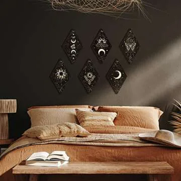 6 Pcs Moon Phase Wall Decor Black Gold Sun Phases Witchy Butterfly Wall Art 11.8 x 6.7 Inch Rustic Boho Hanging Wood Sign for Room Christmas Gift