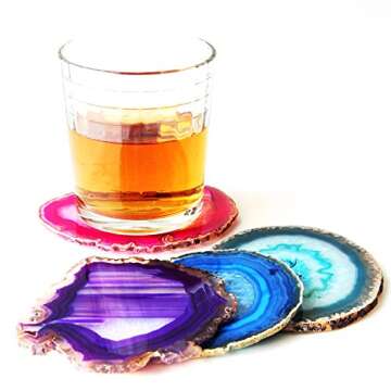 JIC Gem 4-5" Extra Mixed Dyed Color Agate Coasters Polished Natural Geode Coasters Sliced with Free Rubber Bumper Set of 4 Home Decoration