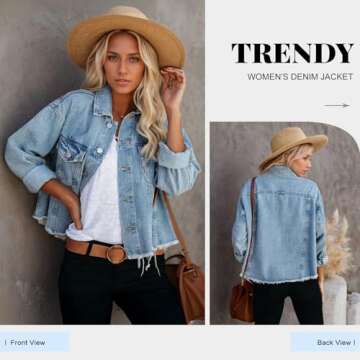 LONGBIDA Women's Jean Jacket Frayed Washed Button Up Cropped Denim Jacket With Pockets(Light Blue,S)