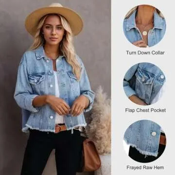LONGBIDA Women's Jean Jacket Frayed Washed Button Up Cropped Denim Jacket With Pockets(Light Blue,S)