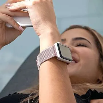 TalKWorks Expandable Watch Band Compatible with Apple Watch Series - 42mm / 44mm / 45mm - Magnetic Closure - Stainless Steel Mesh Loop Comfort Fit Strap for Women and Men - Pink