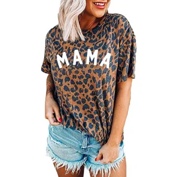 Womens Madre Leopard Print T-Shirts Short Sleeve Mama Shirts Cheetah Mom Graphic Tees Tops M Mama